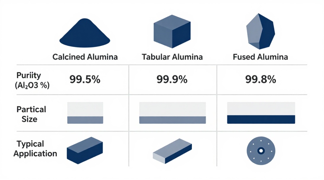 Figure 1: Comparison of common alumina grades — purity, particle size, and typical applications.